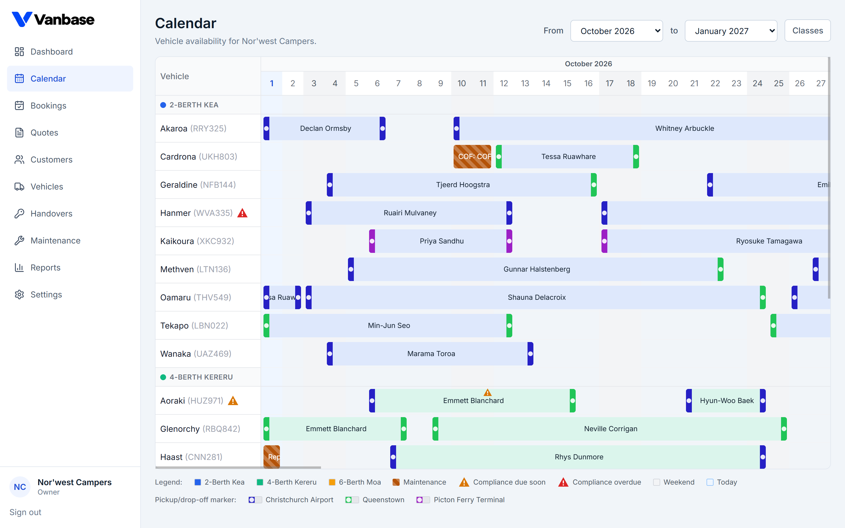 The Vanbase calendar: one row per van across four months, with booking bars coloured by vehicle class, depot markers at each end, a striped maintenance block, and compliance warnings beside two vehicle names.