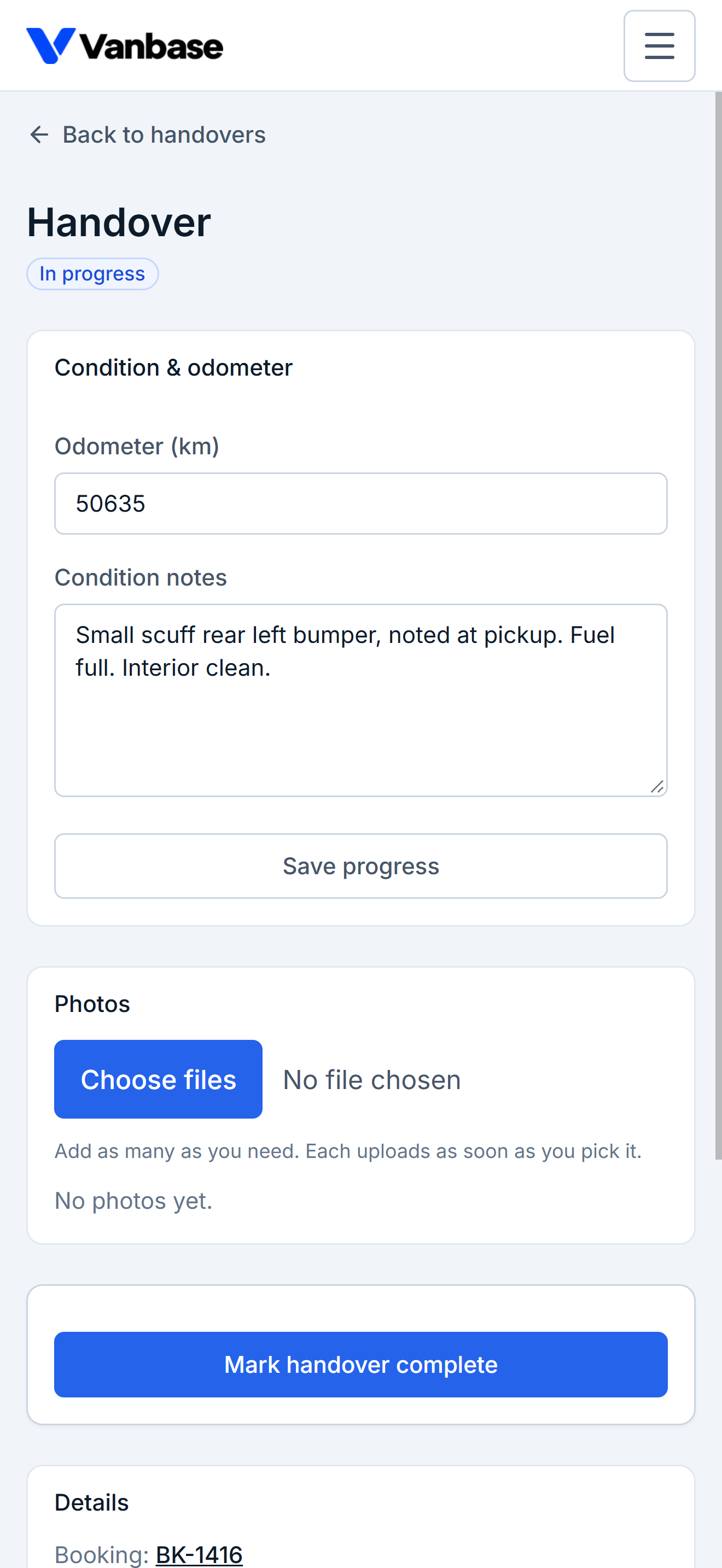 A handover screen on a phone: an odometer field, condition notes, a photo picker, and a button to mark the handover complete.