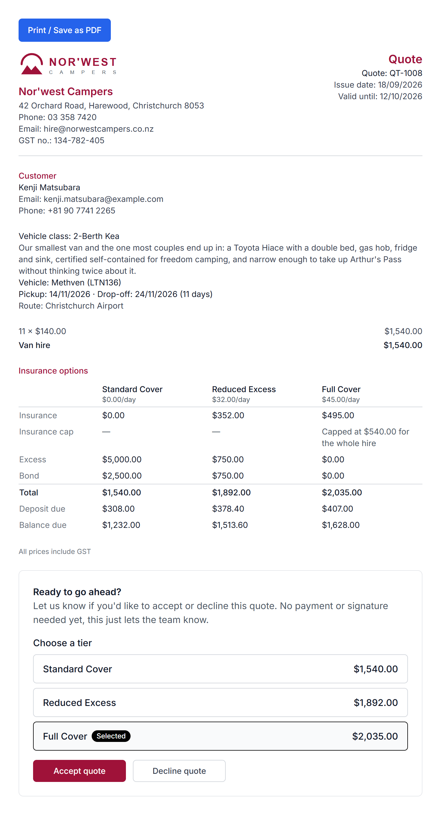 A public quote page branded for a campervan business, showing the hire dates, three insurance tiers priced side by side with their excess and bond, and buttons to accept or decline.